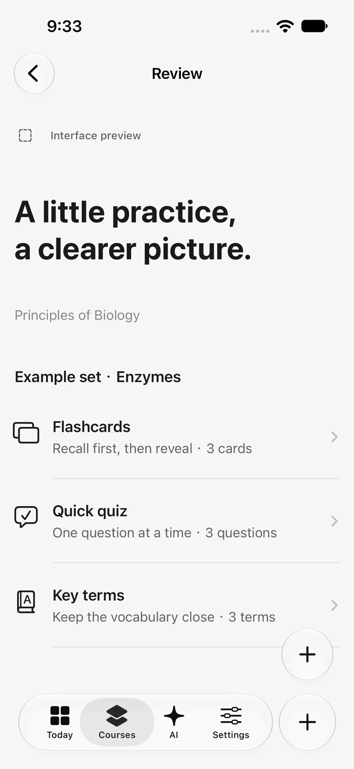 CourseHelper study guide, quiz, flashcard, and term options
